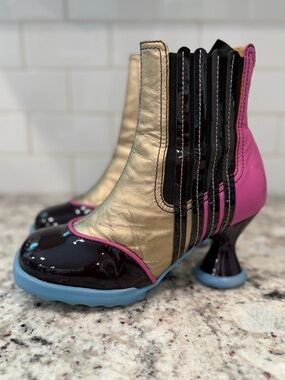 John Fluevog Pink, Gold & Black Colorblock Mid-Heel Ankle Boots